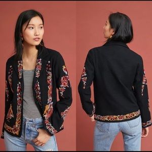 Anthropologie Embroidered Black Blazer Jacket Ellen Maeve Size 0